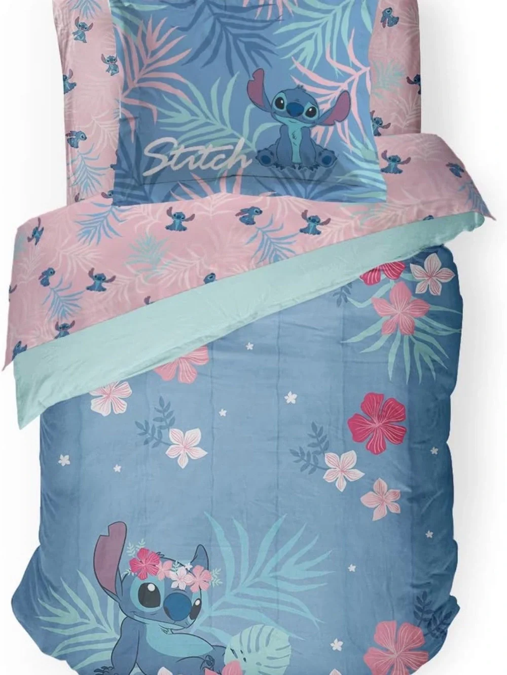 Blue & Pink Stitch Floral Kids Bedding Set